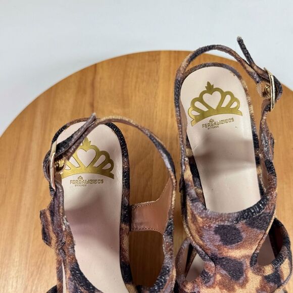 Fergalicious Kenzie Animal Print Boho Cutout Peep Toe Wedge Sandals Brown 8.5 - Picture 12 of 14